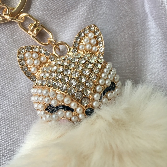 Rhinestone Fox Furry Pom Pom Pearl Keychain Purse - Picture 3 of 4